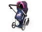 Een blauwe kinderwagen met roze hartjes en een eenhoorn.