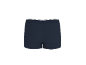Donkerblauwe herenboxershort met een wit en grijs gestreepte tailleband, achteraanzicht.