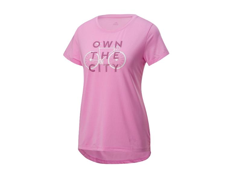 Roze dames t-shirt met retro fiets print en tekst 'Own the City'.
