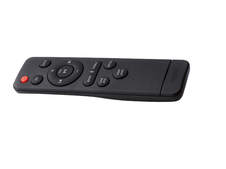 Zwarte afstandsbediening met knoppen voor volume, bas, treble, EQ, MUTE, Pair, USB AUX, OPTICAL, HDMI eARC