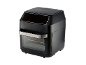 Zwarte airfryer met transparante deur en zilveren handvat.