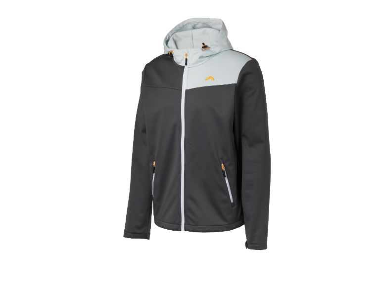 Grijs en lichtblauw softshell jack met capuchon.