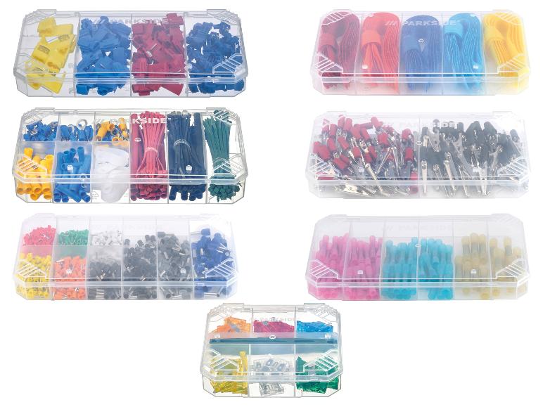 Parkside dozen met connectoren, klemmen, kabelbinders en zekeringen.