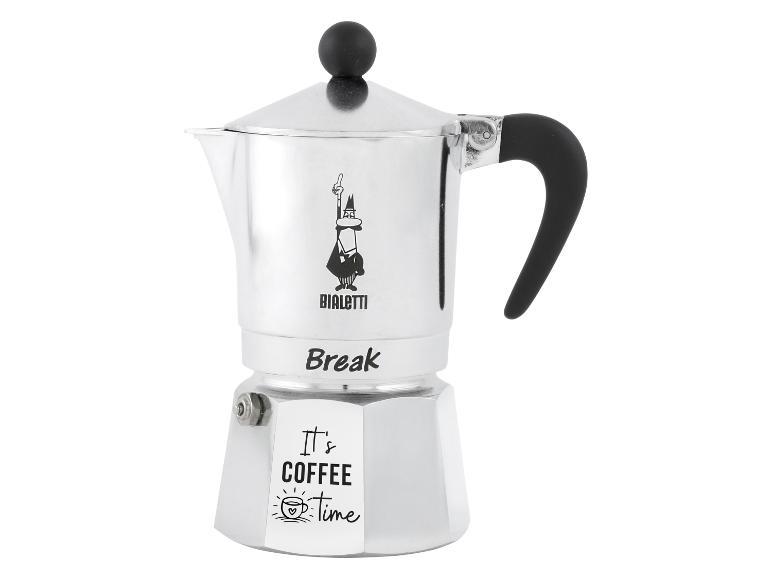 Zilveren mokkapot met zwart handvat en knop, met de tekst 'It's coffee time'.