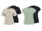 Twee paar T-shirts met korte mouwen, één beige met berggrafiek, de andere lichtgroen.