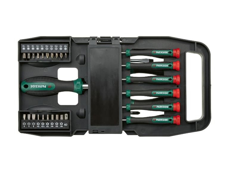 PARKSIDE schroevendraaierset met bits en handvatten in een zwarte opbergkoffer.