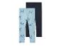 Twee leggings voor meisjes: één lichtblauw met strikjes print en één donkerblauw.