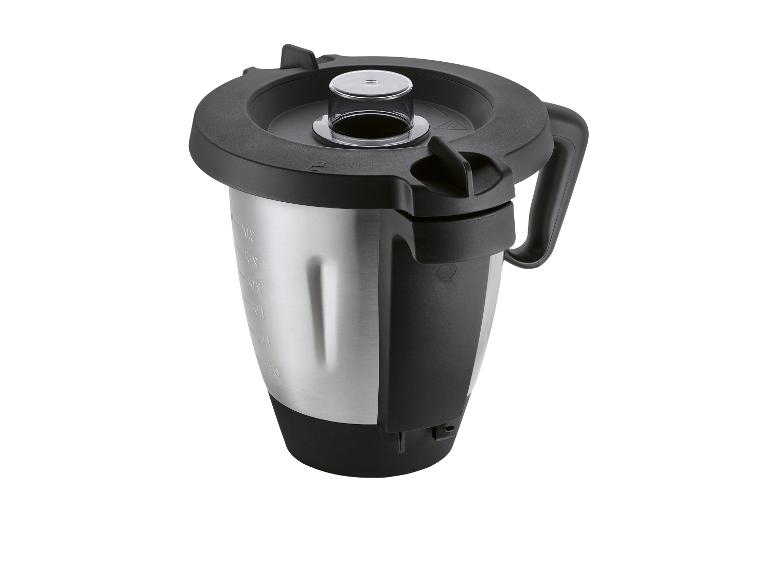 Roestvrijstalen blenderkan met zwart deksel en handvat.