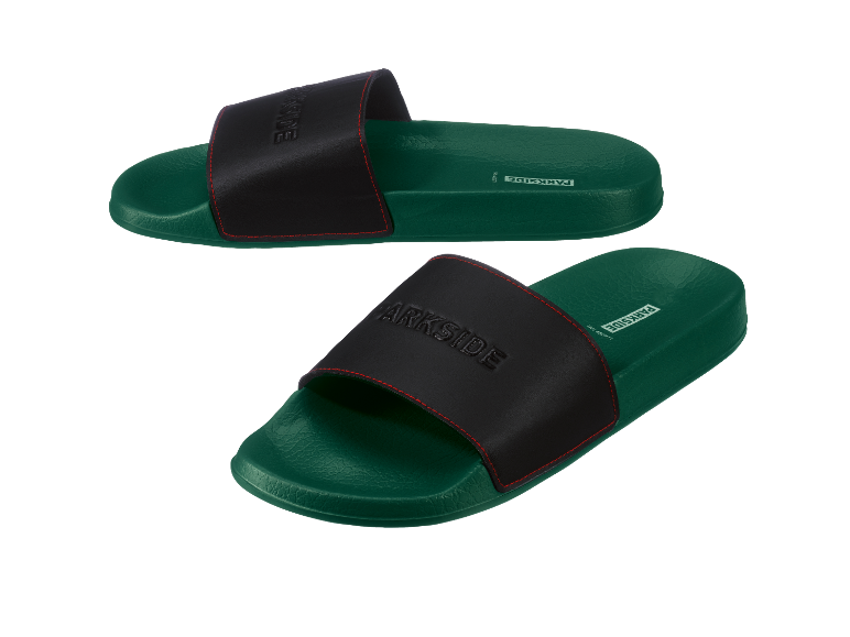 Een paar donkergroene Parkside slippers met een zwarte band.
