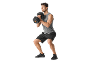 Man in sportkleding doet squats met een verstelbare halter.
