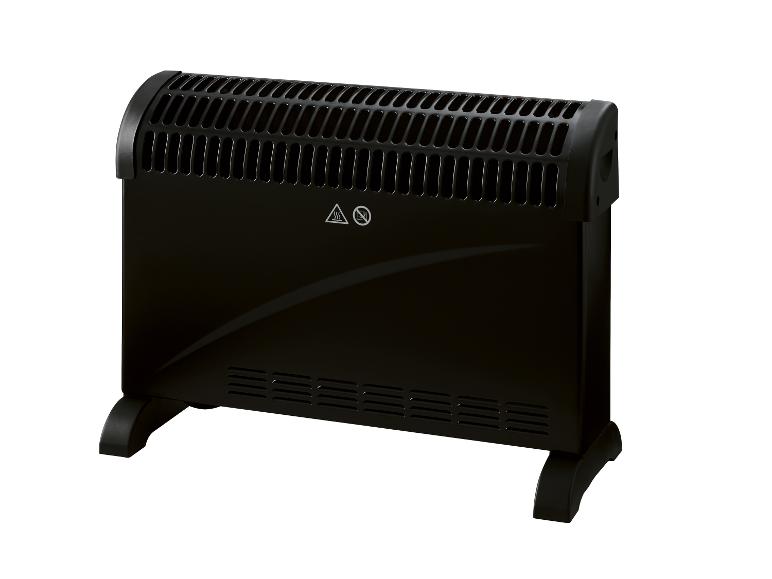 Zwarte elektrische kachel met bovengrill en waarschuwingssymbolen.