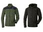 Twee heren fleece jassen: een groene met kraag en een zwarte met capuchon.