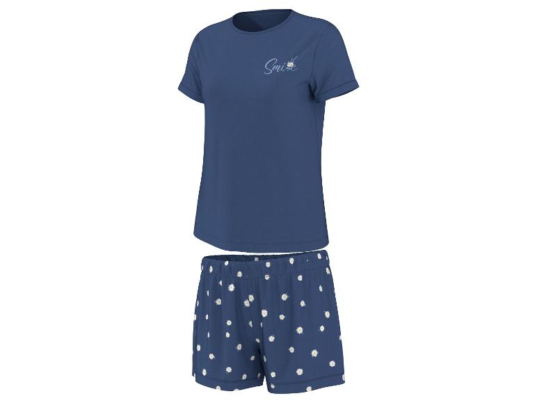 Marineblauwe damespyjama met korte mouwen en madeliefjesprint shorts, met de tekst 'Smile'.
