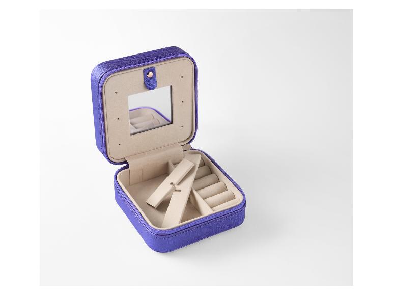 Paarse juwelendoos met spiegel en vakjes voor ringen en oorbellen.