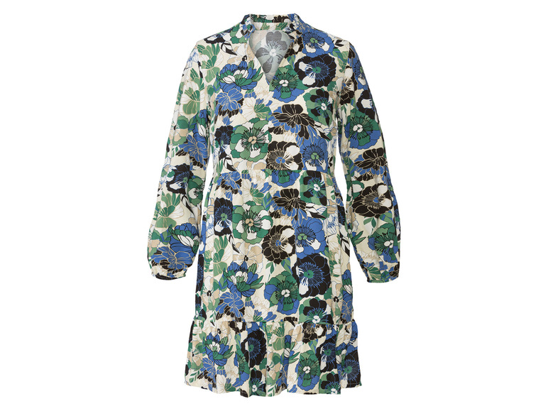 Een lange, witte jurk met blauwe en groene bloemenprint.