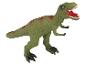 Een groene speelgoed T-Rex dinosaurus.