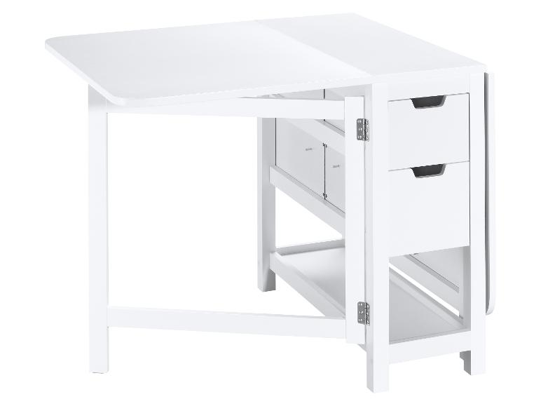 Witte opklaptafel met laden en plank.