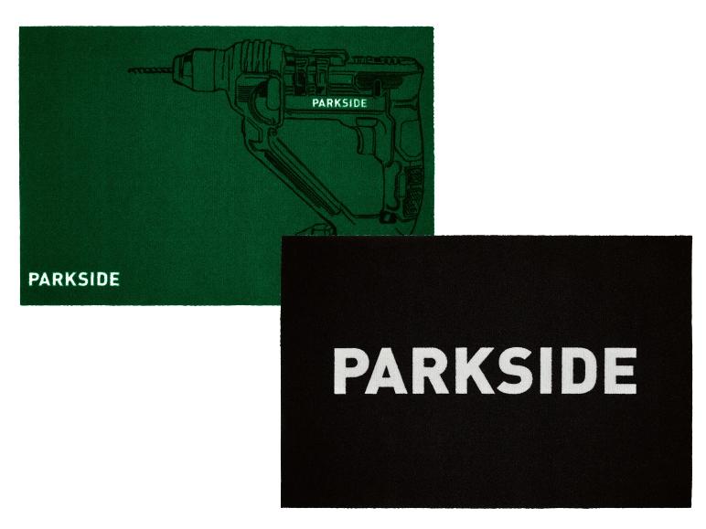 Twee Parkside-vloermatten; één groen met een afbeelding van een boormachine, één zwart met witte tekst.