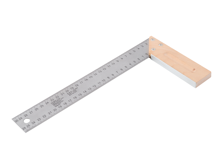 Houten en metalen winkelhaak met gegradueerd liniaal in centimeters.