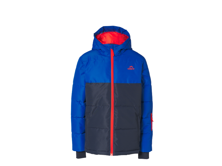 Tweekleurige ski-jas in blauw en donkergrijs met rits en felrode voering.