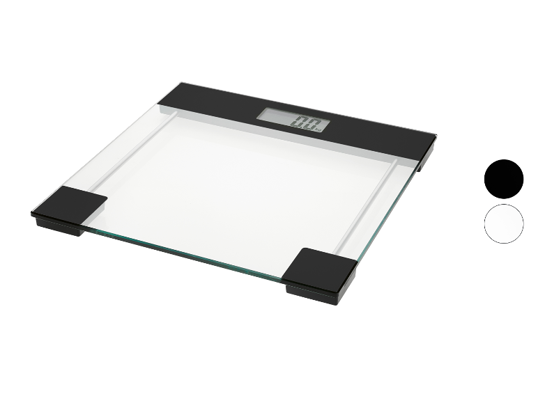 Glazen digitale weegschaal met zwarte hoeken.