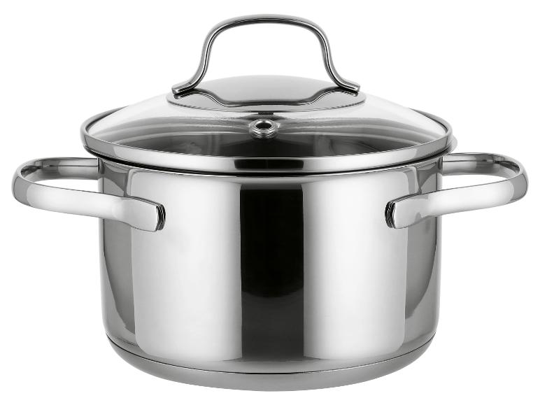 Roestvrijstalen pan met glazen deksel en handvatten.