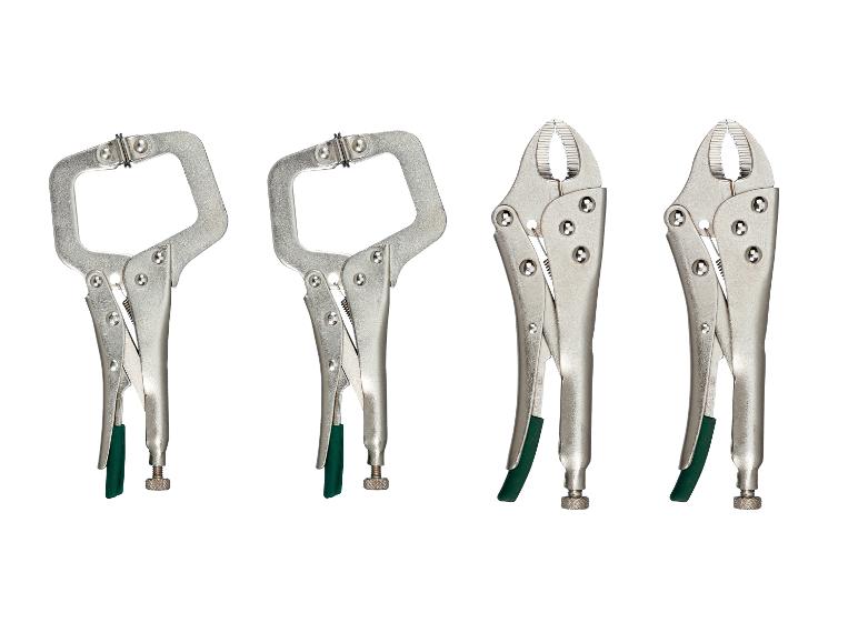 Vier griptangen, twee C-klemmen en twee met gebogen bek, op een witte achtergrond.