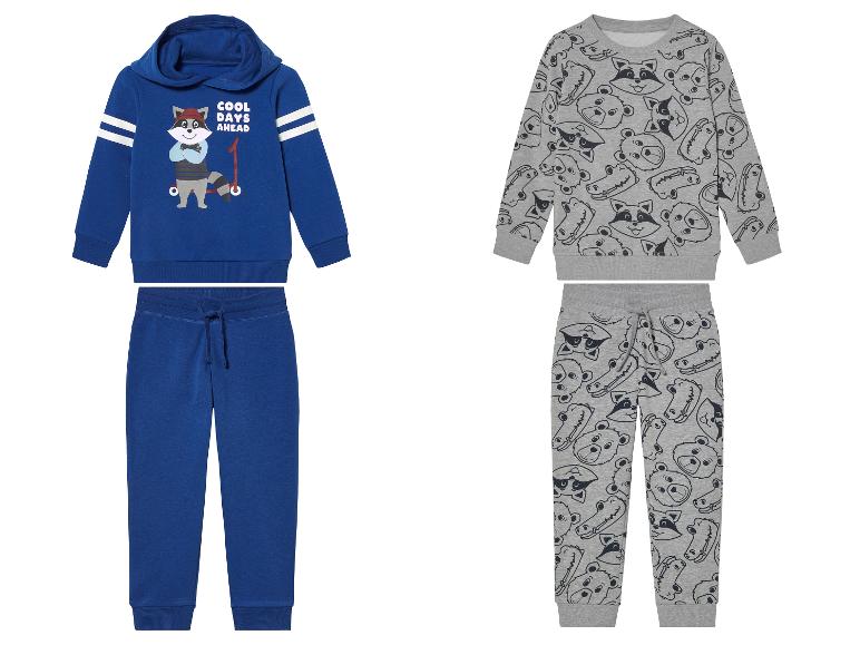 Kinder trainingspak: blauwe hoodie met wasbeerprint en grijze broek met dierenprint.