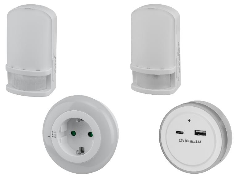 Nachtlampje met bewegingssensor, stopcontact en USB-poorten.