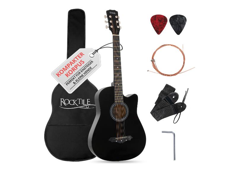 Zwarte ROCKTILE akoestische gitaar met hoes, plectrums, snaren en accessoires.