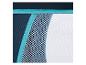 Close-up van donkerblauwe stof met turquoise bies en wit gaasvak.