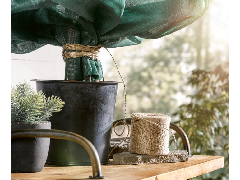 Potplant met beschermhoes en klos touw op een houten plank.