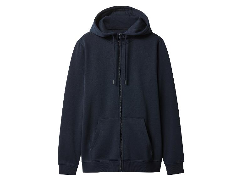 Donkerblauwe hoodie met rits en capuchon op een witte achtergrond.