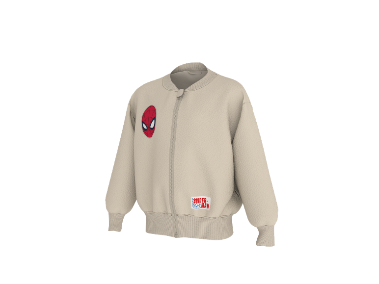 Beige kinderbomberjack met Spider-Man patch en logo.