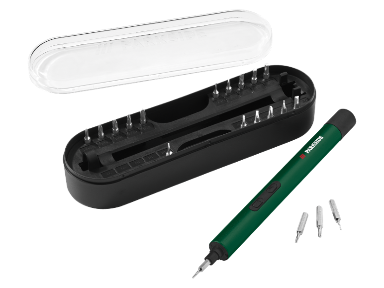 Groene elektrische schroevendraaier met verwisselbare bits en transparante plastic koffer.