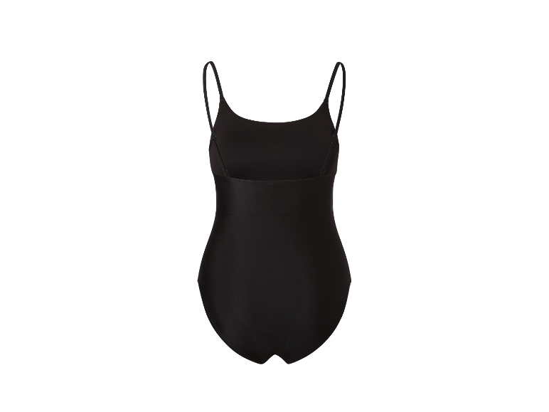 Een zwart badpak van achteren gezien.