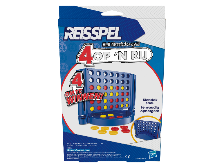 Hasbro Connect 4 reisspel: bord en pionnen.