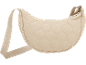 Gewatteerde halvemaanvormige schoudertas in een lichtbeige kleur met ritssluiting en verstelbare riem.