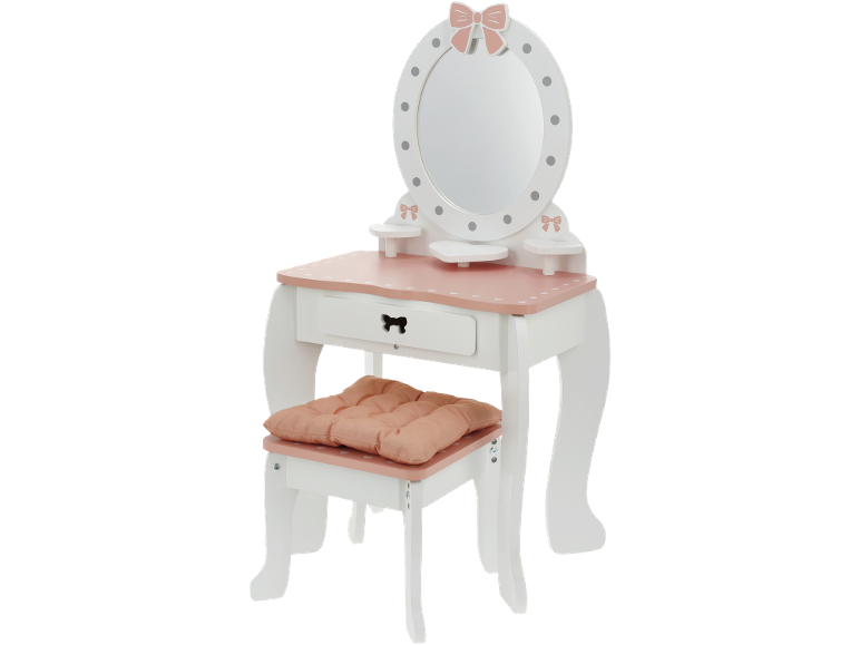Wit en roze speelgoedkaptafel met spiegel, lade en gestoffeerde kruk.