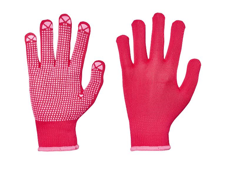 Twee roze werk- of tuinhandschoenen, één met witte antislip stippen op de handpalm.