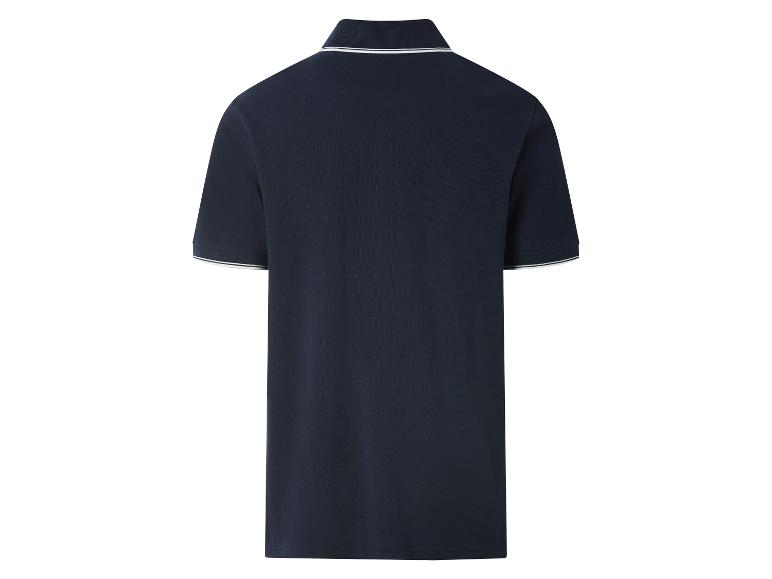 Donkerblauw herenpoloshirt met gestreepte kraag en mouwen, achteraanzicht