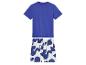 Blauw t-shirt en shorts met blauw-wit geometrisch patroon.