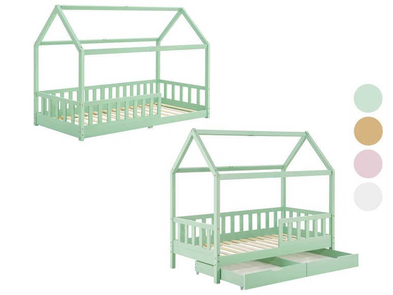 Twee mintgroene huisvormige bedden met opberglades.