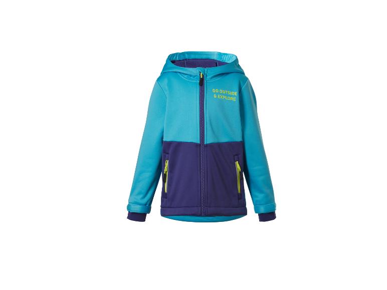 Tweekleurig kinderjack in turquoise en paars met de tekst 'GO OUTSIDE & EXPLORE'.