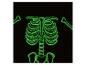 Glow-in-the-dark skelet op zwarte achtergrond, romp en armen zichtbaar.