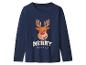 Donkerblauw shirt met lange mouwen met een kerstrendierhoofd en de tekst „MERRY CHRISTMAS”
