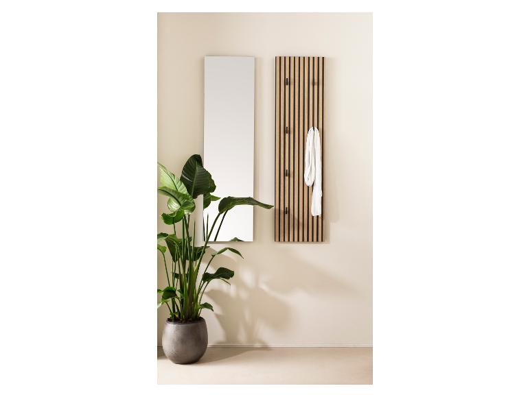 Wandspiegel en houten kapstok met een grote groene plant in een pot.