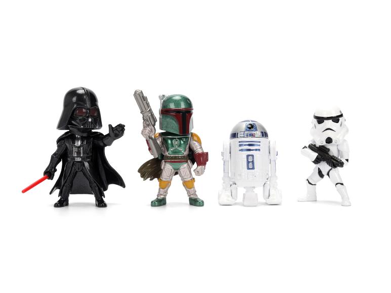 Vier Star Wars-beeldjes: Darth Vader, Boba Fett, R2-D2 en een Stormtrooper.