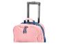 Roze handbagage met blauwe handvatten en telescopisch handvat.