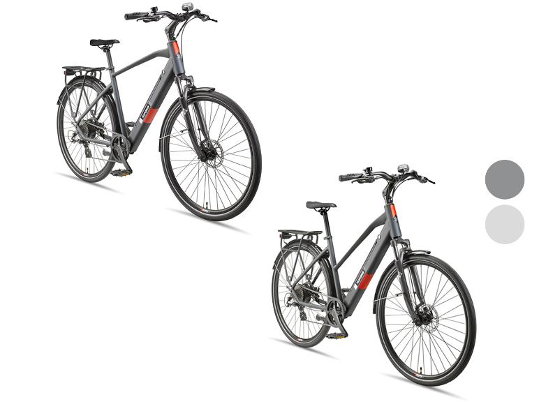 Twee grijze elektrische fietsen met rode accenten, één groter, één kleiner.